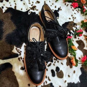 Zara Black Leather Sequin Bow Derby Platform Sz 38